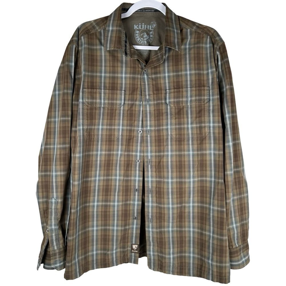 Kuhl Eluxur Brown Plaid Long Sleeve Button Down Mountain Shirt Men’s Size Large
